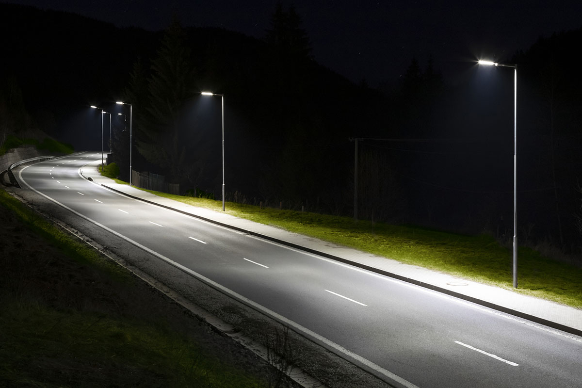modern streetlights with LED technology at night, empty modern road